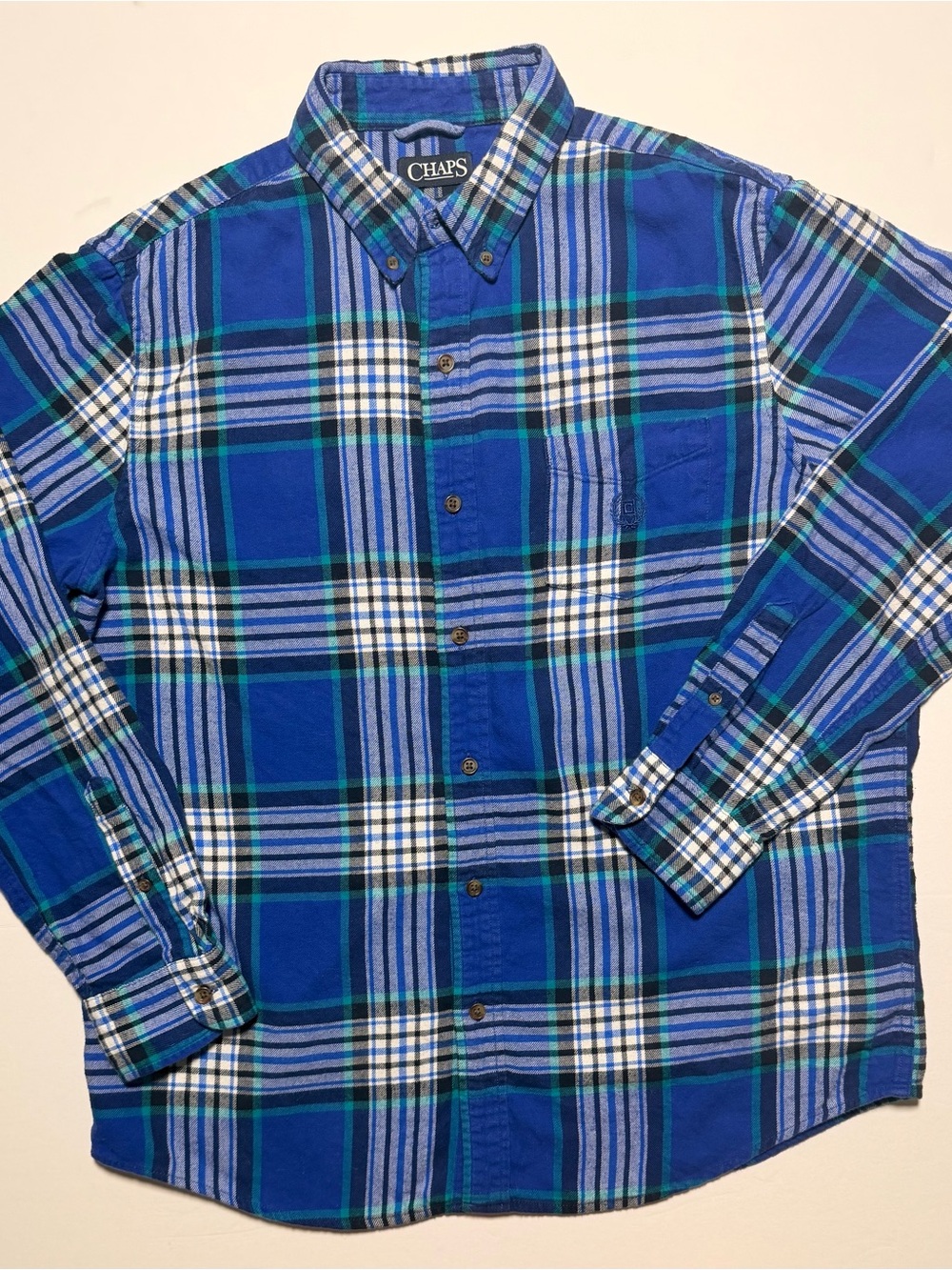 Chaps Performance Men’s L Blue Green Plaid 100% Cotton Flannel Shirt